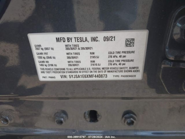 5YJSA1E6XMF440873 Tesla Model S Plaid Tri Motor All-wheel Drive