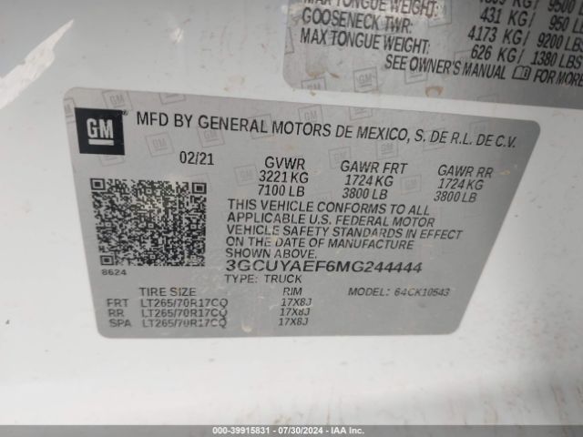 3GCUYAEF6MG244444 Chevrolet Silverado 1500 4wd  Short Bed Wt
