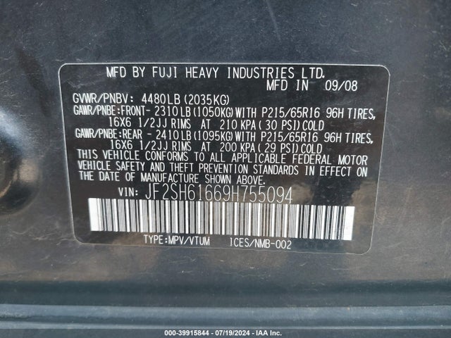 Aukcja sprzedaży 2009 Subaru Forester 2.5x, vin: JF2SH61669H755094, numer aukcji: 39915844