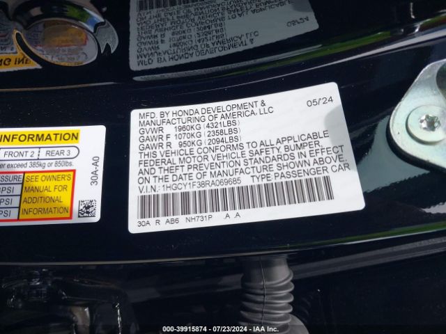 1HGCY1F38RA069685 Honda ACCORD EX