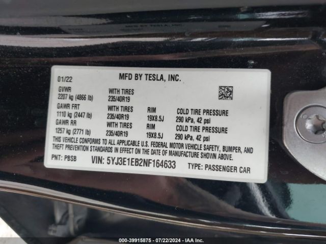 5YJ3E1EB2NF164633 Tesla Model 3 Long Range Dual Motor All-wheel Drive
