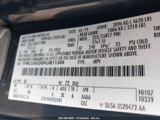 1FMCU0GD0KUB11388 Ford ESCAPE SE