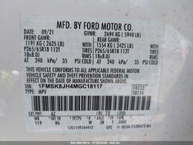 1FMSK8JH4MGC18117 Ford Explorer Timberline