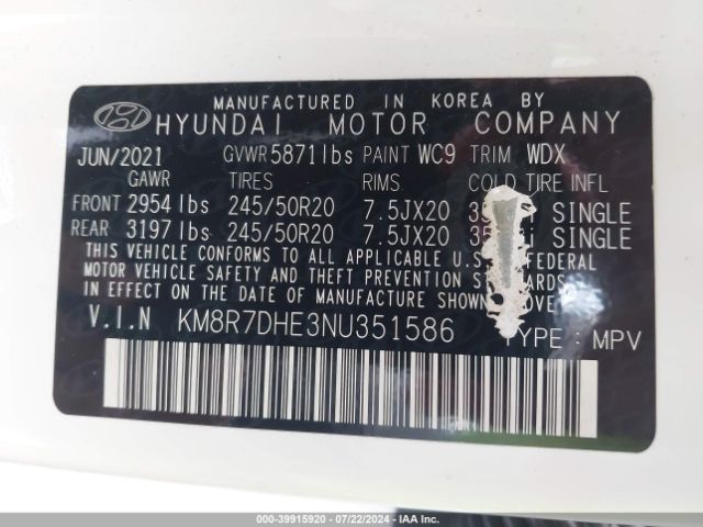 KM8R7DHE3NU351586 Hyundai Palisade Calligraphy
