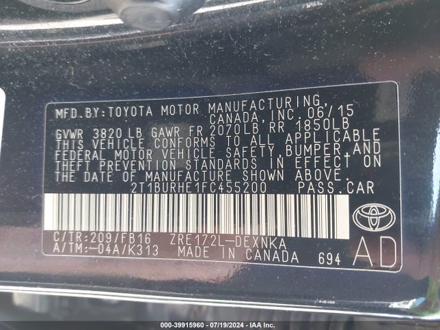 Toyota COROLLA LE 2015 2T1BURHE1FC455200 Image 9