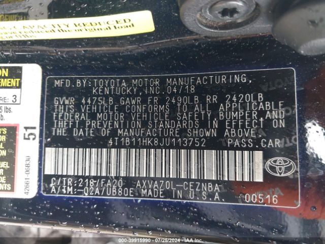 4T1B11HK8JU113752 Toyota CAMRY LE
