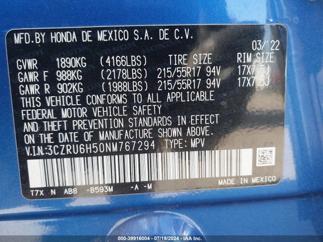 Honda Hr-v Awd Ex 2022 3CZRU6H50NM767294 Image 9