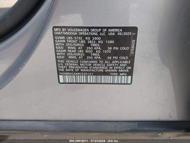 1V2WR2CAXRC520121 Volkswagen Atlas 2.0t Se W/technology