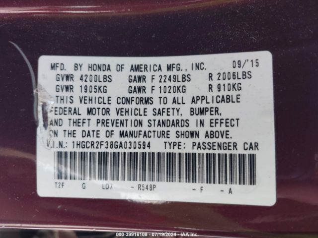 1HGCR2F38GA030594 Honda ACCORD LX