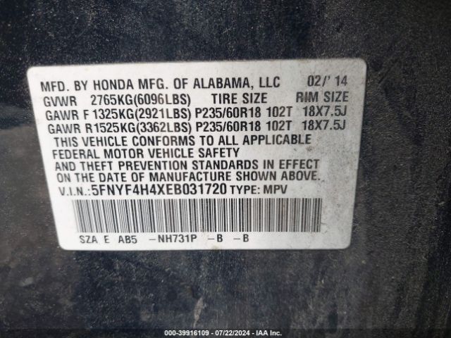 5FNYF4H4XEB031720 Honda Pilot Ex