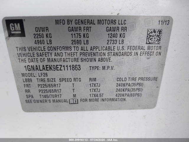 Chevrolet EQUINOX LS 2014 1GNALAEK9EZ111863 Image 9