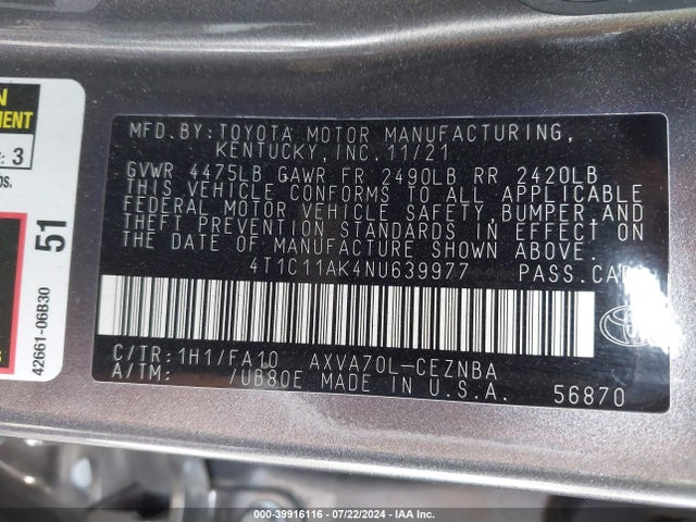 Toyota CAMRY LE 2022 4T1C11AK4NU639977 Image 9
