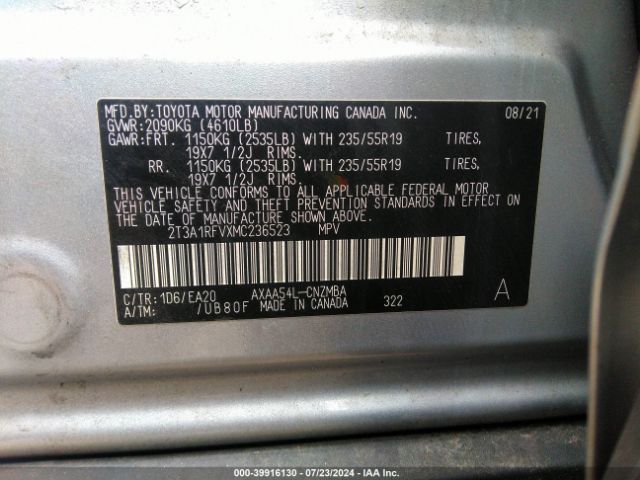 2T3A1RFVXMC236523 Toyota Rav4 Xle Premium