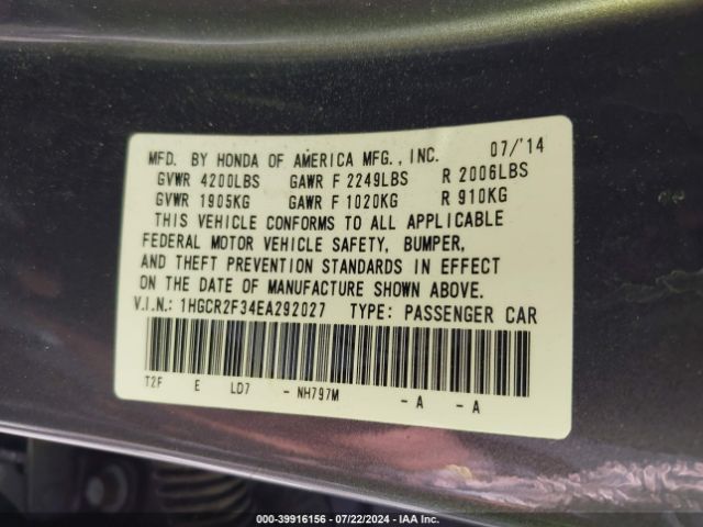 1HGCR2F34EA292027 Honda ACCORD LX
