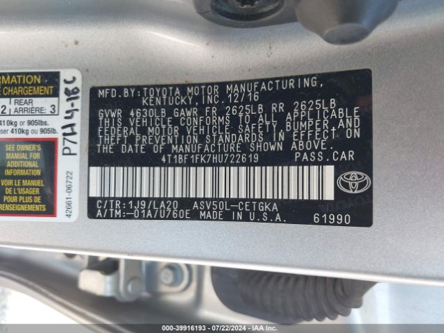 4T1BF1FK7HU722619 Toyota CAMRY XLE