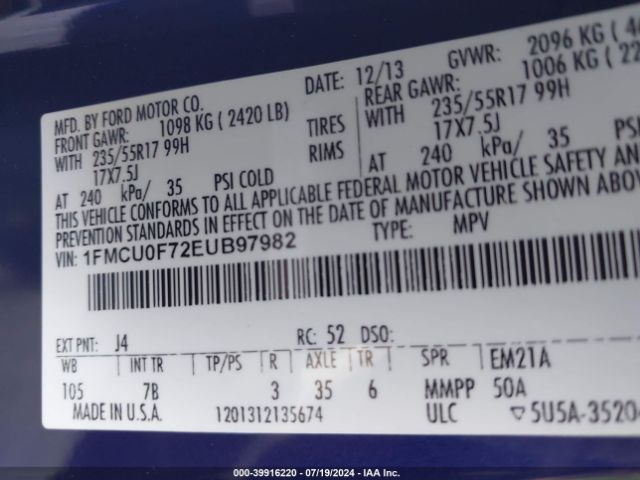 1FMCU0F72EUB97982 Ford ESCAPE S