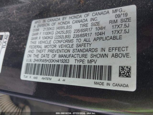 Honda CR-V LX 2019 2HKRW5H30KH419263 Image 9