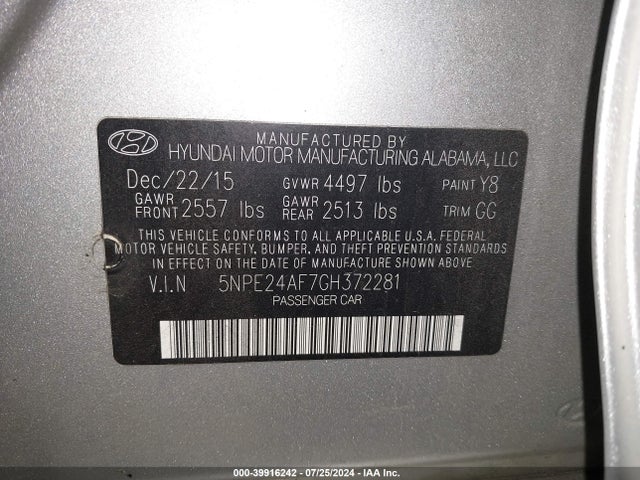 Hyundai SONATA SE 2016 5NPE24AF7GH372281 Image 9