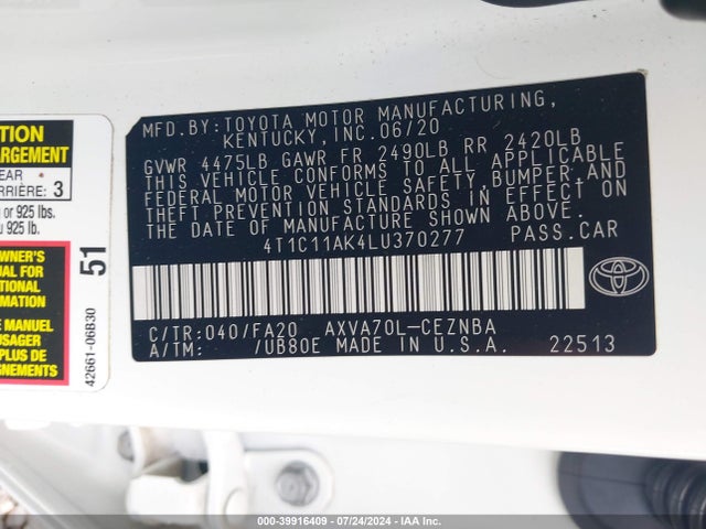 Toyota CAMRY LE 2020 4T1C11AK4LU370277 Image 9
