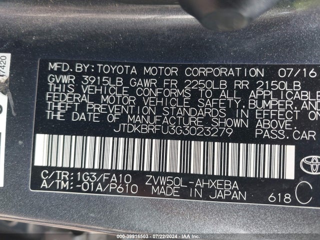 Toyota Prius Two 2016 JTDKBRFU3G3023279 Image 9