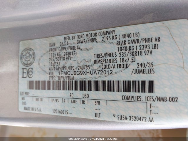1FMCU9G9XHUA72012 Ford ESCAPE SE