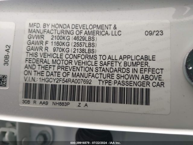 1HGCY2F54RA007692 Honda Accord Hybrid Sport