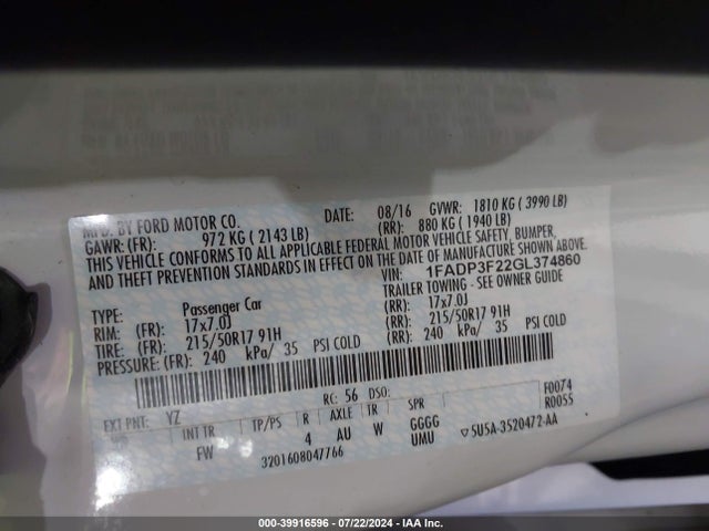 Ford FOCUS SE 2016 1FADP3F22GL374860 Image 9
