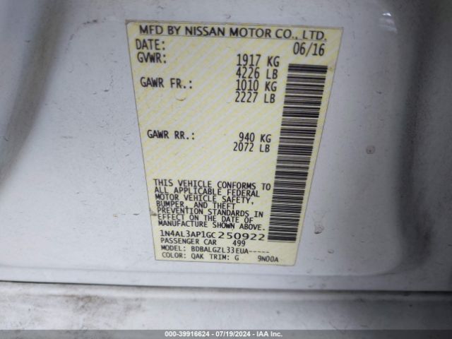 1N4AL3AP1GC250922 Nissan Altima 2.5/2.5 S/2.5 Sl/2.5 Sr/2.5 Sv