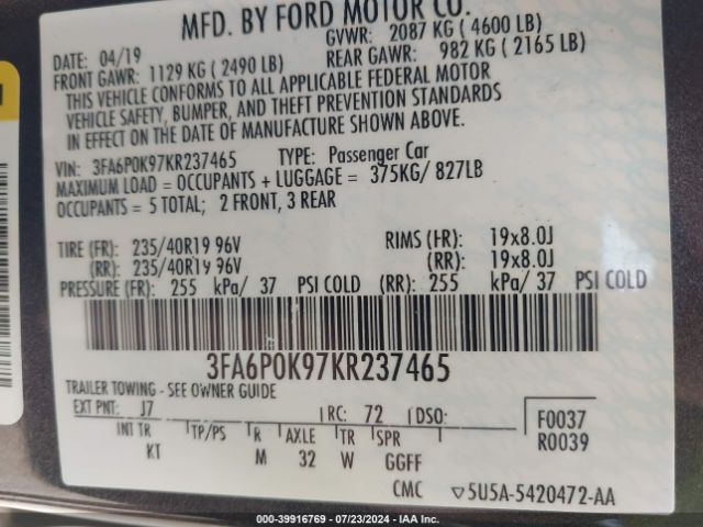 3FA6P0K97KR237465 Ford Fusion Titanium