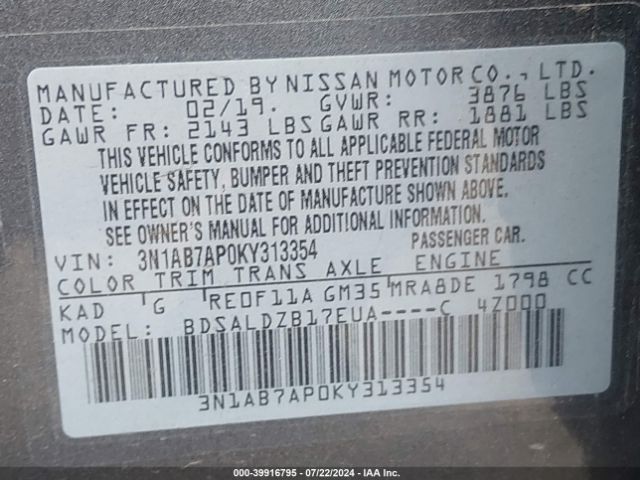 3N1AB7AP0KY313354 Nissan SENTRA SV