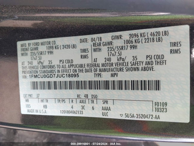Ford ESCAPE SE 2018 1FMCU0GD7JUC18095 Image 9