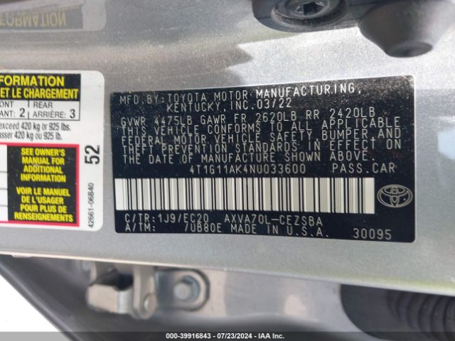 4T1G11AK4NU033600 Toyota Camry Se Nightshade Edition