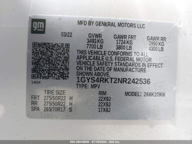 1GYS4RKT2NR242536 Cadillac Escalade Esv 4wd Sport Platinum
