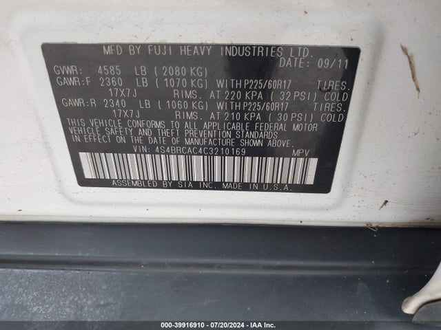 2012 Subaru Outback 2.5i მანქანა იყიდება აუქციონზე, vin: 4S4BRCAC4C3210169, აუქციონის ნომერი: 39916910
