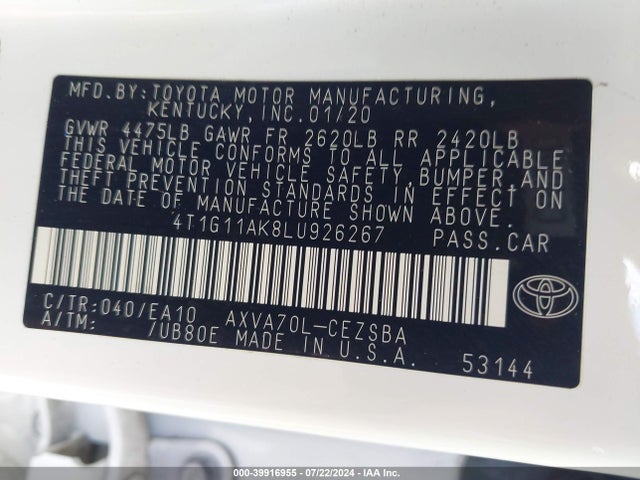 Toyota CAMRY SE 2020 4T1G11AK8LU926267 Image 9