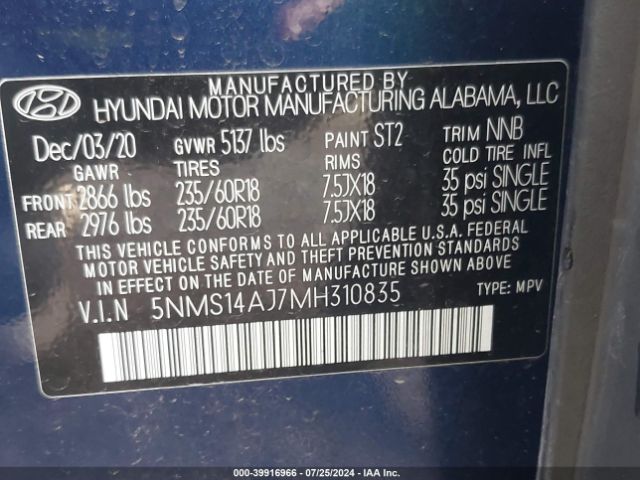 5NMS14AJ7MH310835 Hyundai Santa Fe Se