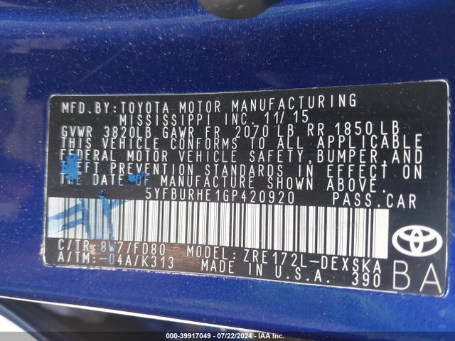 Toyota Corolla S Plus 2016 5YFBURHE1GP420920 Image 9