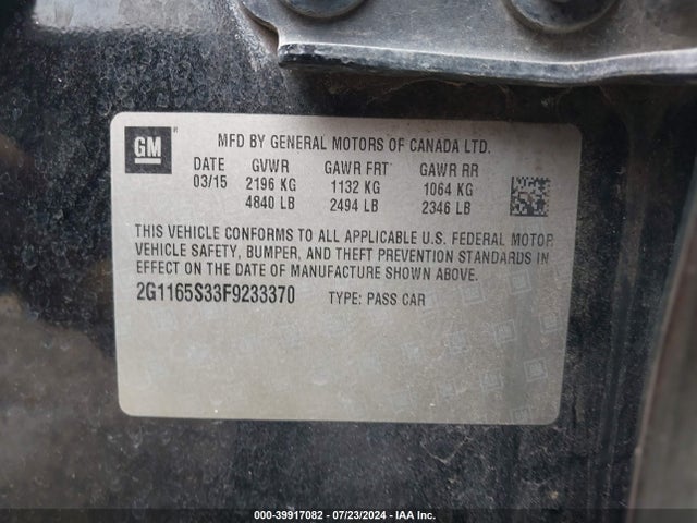 Chevrolet IMPALA 2LZ 2015 2G1165S33F9233370 Image 9
