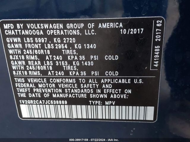 1V2GR2CA7JC538889 Volkswagen Atlas 3.6l V6 S