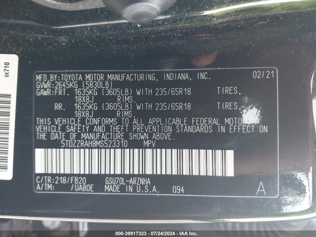 Toyota Highlander Le 2021 5TDZZRAH8MS523310 Image 9
