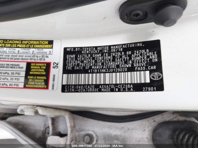 4T1B11HK3JU129020 Toyota CAMRY SE