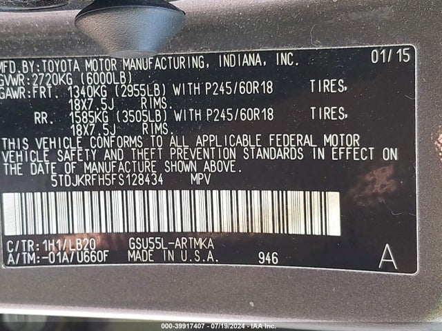 Toyota Highlander Xle V6 2015 5TDJKRFH5FS128434 Image 9