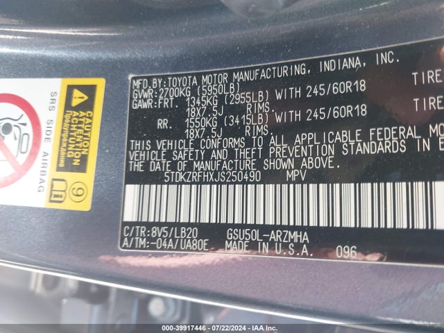 Toyota Highlander Xle 2018 5TDKZRFHXJS250490 Image 9