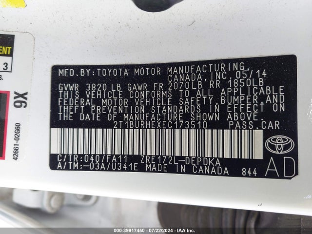 Toyota COROLLA L 2014 2T1BURHEXEC173510 Image 9