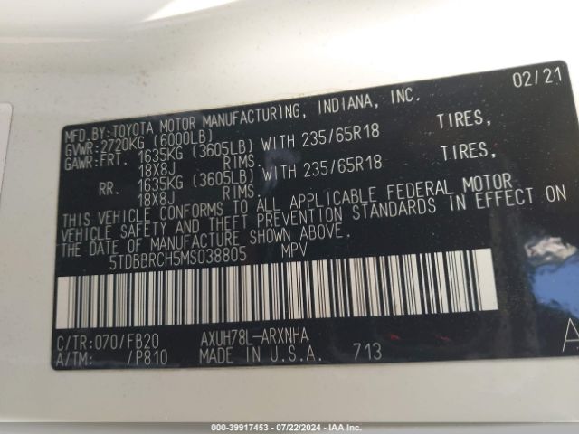 5TDBBRCH5MS038805 Toyota Highlander Hybrid Le