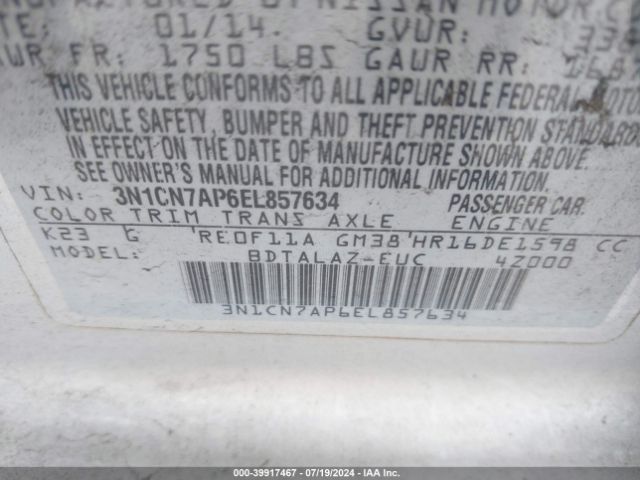 3N1CN7AP6EL857634 Nissan Versa 1.6 S+
