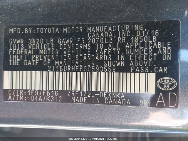 Toyota COROLLA LE 2016 2T1BURHE8GC593558 Image 9