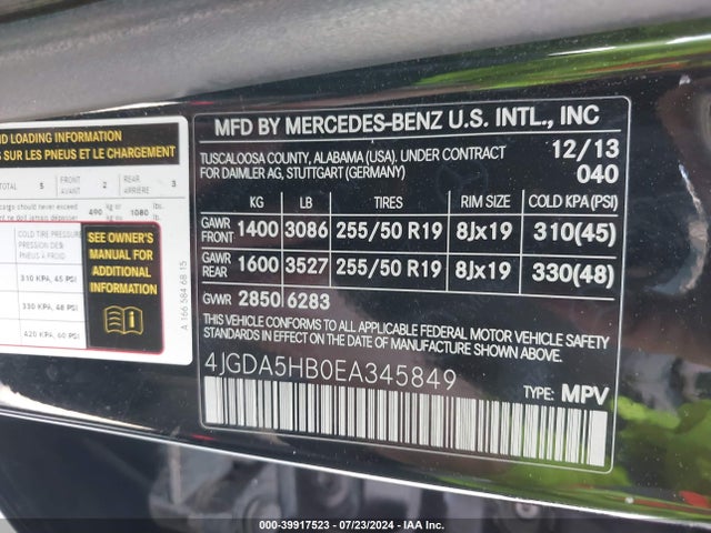 4JGDA5HB0EA345849 Mercedes-Benz Ml 350 4matic