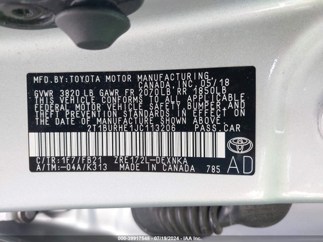Toyota COROLLA LE 2018 2T1BURHE1JC113206 Image 9