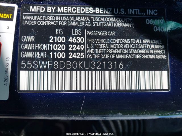 55SWF8DB0KU321316 Mercedes-Benz C 300